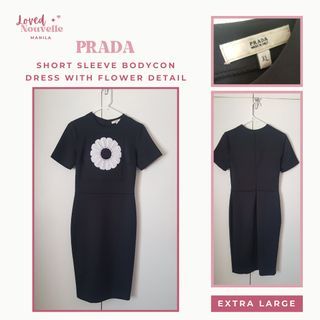 Prada Black Short Sleeve Bodycon Dress with  Flower Detail