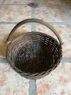 Round Brown Rattan Basket with Collapsible Handle