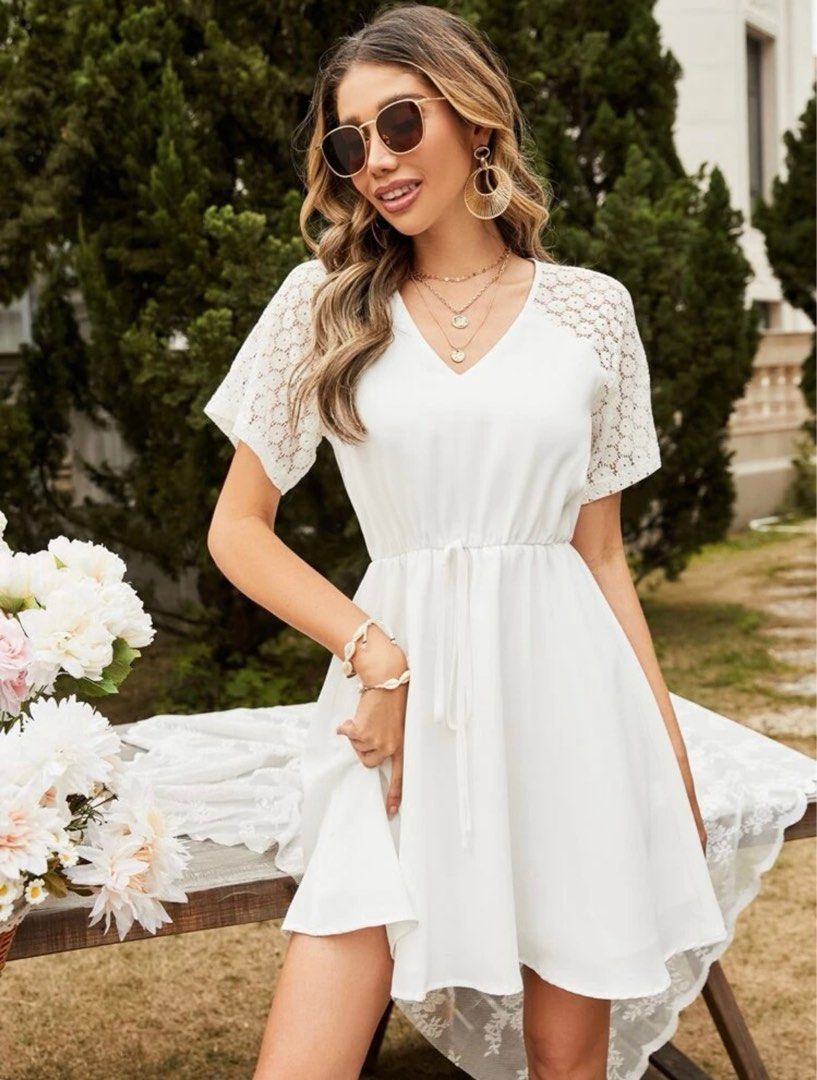 chinese dress ladies SHEIN Modely Solid Lace Trimed Pleated Hem Dress, M1465720, White, M: Buy  Online at Best Price in Egypt