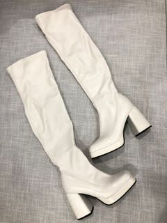SHEIN White High Knee Winter Leather Boots Block Heel