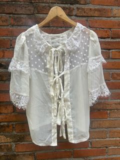 Silk Chiffon Embroidered Laced Modern Filipiniana Coquette Two Way Ribbon Top with Flowy Butterfly Sleeves (WELL LOVED)