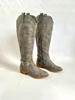 Vintage faded gray detailing buckled w/ stud embellishment cowboy below the knee boots
