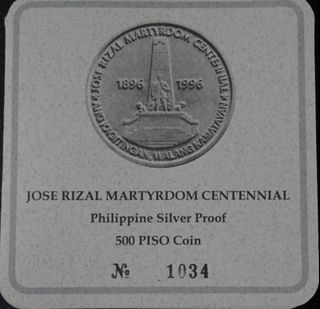 1996 Philipine Proof Silver 500 Piso Coin - Jose Rizal Martyrdom Centennial