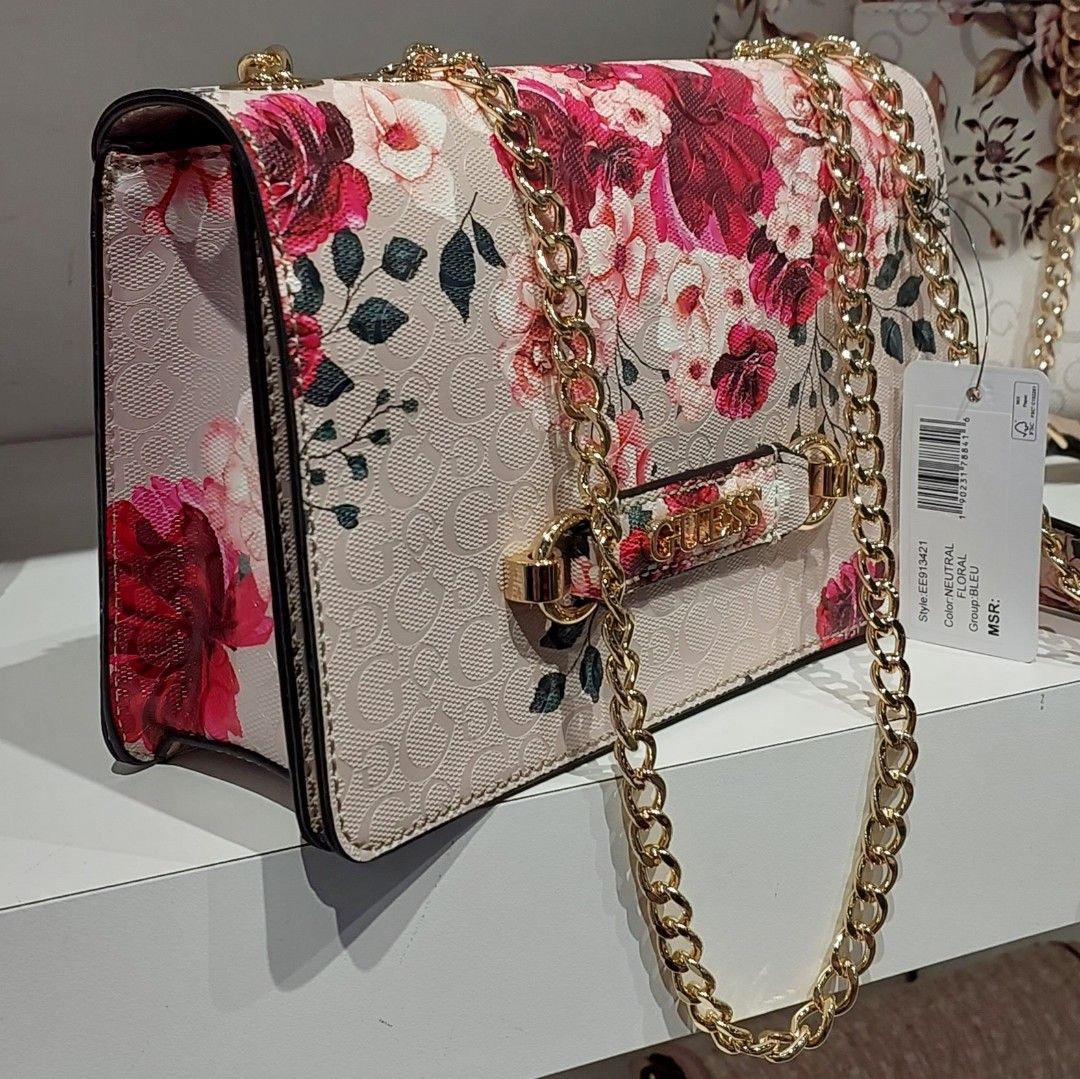 GENUINE BOUTIQUE GUESS FLORAL CROSSBODY FLAP HANDBAG WITH GOLD CHAIN Women s Fashion Bags Wallets Cross body Bags on Carousell