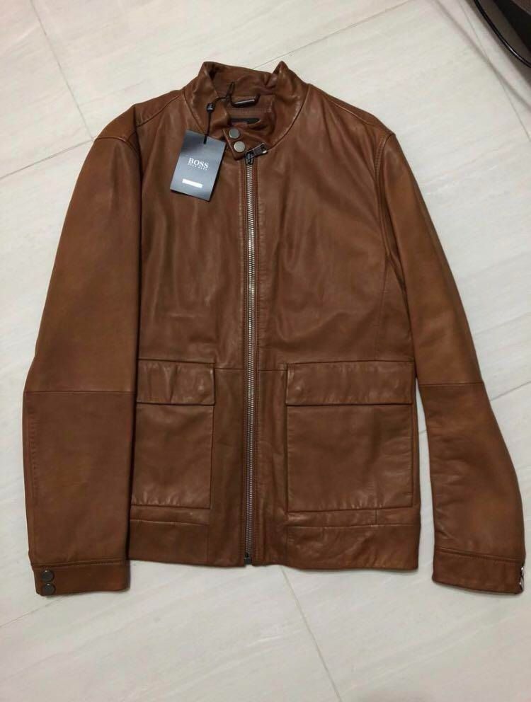 hugo boss mens men dark brown Leather Jacket vintage Carousell