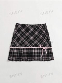 Authentic Coquette SHEIN EZwear Zipper Side Contrast Tape Detail Pink Bow Tartan Skirt