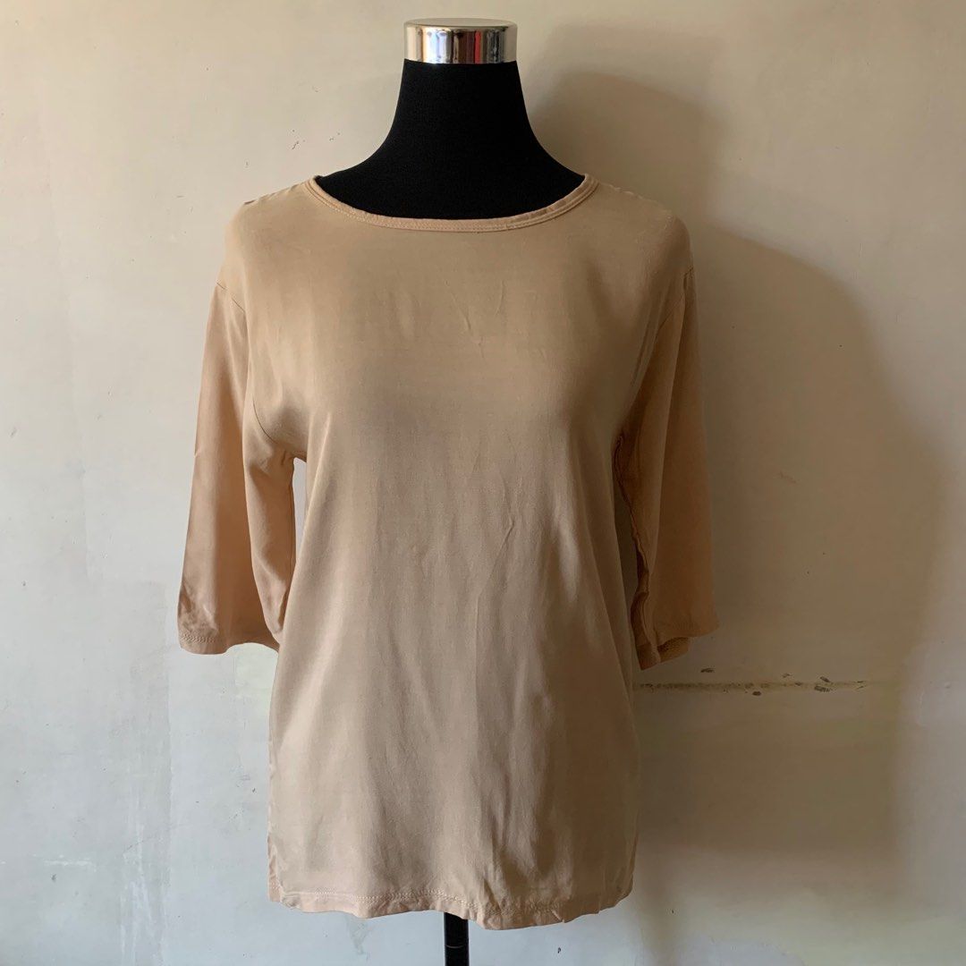 Beige 3/4 Sleeved Chalis Coordinates (Category: Sets or Coordinates) located in Pasay City. Submitted by philippineartisansells (Listing ID 1298392968, Image 2). Description: ✅Brand: N/A ✅Fits: Freesize (size S-L) ✅Condition: Never used, just washed and stored ✅Features: color rate - 10/10, good quality cotton linen, comfortable wear TOP: short sleeves PANTS: stretch waist (with garter all over, 22-31 inches, length = 33 inches) ✅Issues: N/A See 