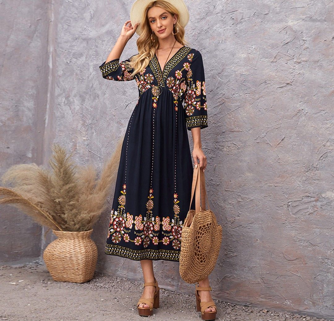 chinese dress ladies EMERY ROSE Women's Round Neck Long Summer Leopard Print Patchwork Long   WestLine Apparel