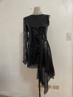 For Rent: Black and Silver Asymmetrical Sequin Party Cocktail Dress