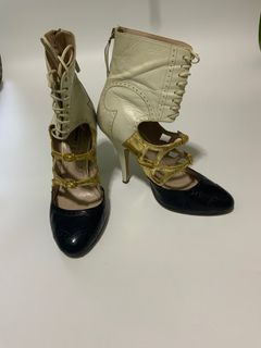 Miu Miu Tricolor Brogue Leather Cut Out Ankle Wrap Booties