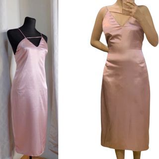 mix supetran light dusky pink rose gold satin silk formal midi dress bias cut (evening/cocktail dress, sleeveless, v-neck, plunging, event, wedding, slip)