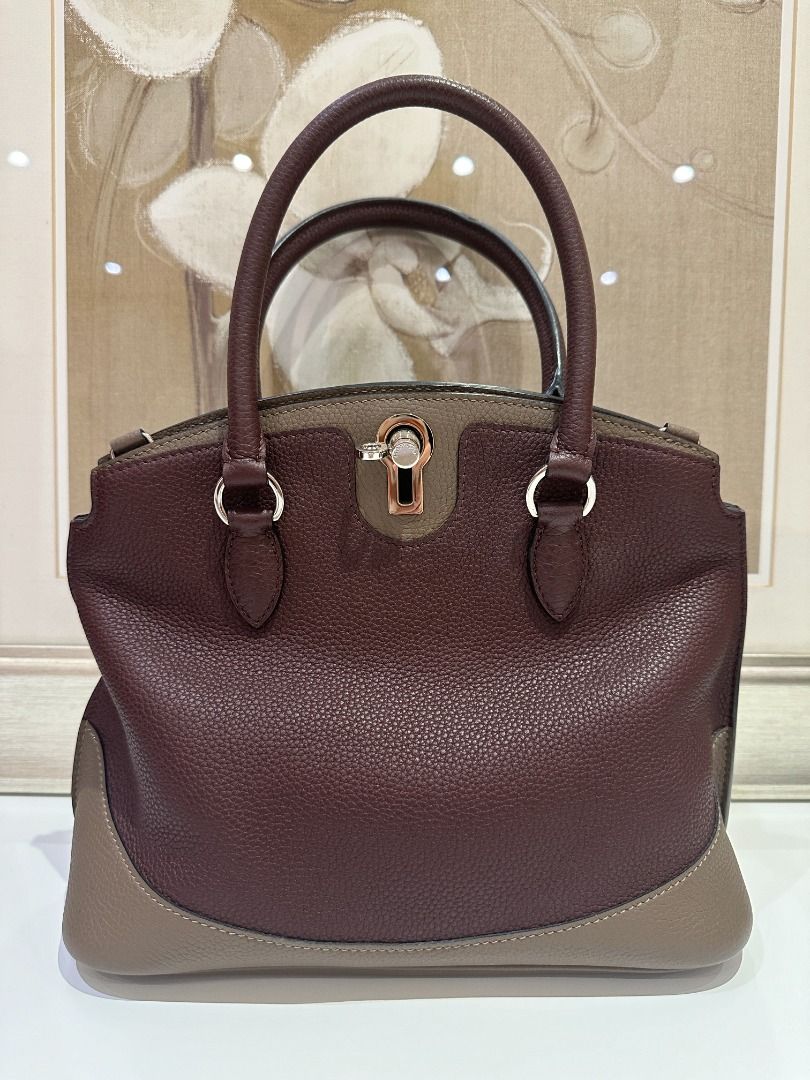 Moynat Josephine Small Bicolour Bag in Taupe and Burgundy with Silver Hardware