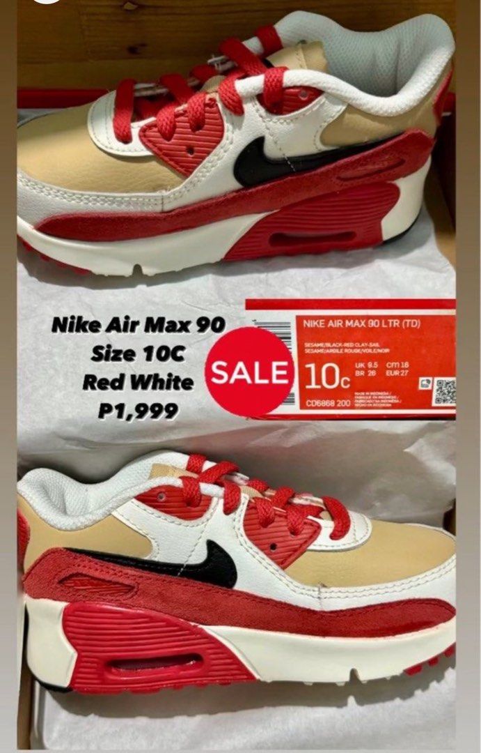 Nike Air Max 90 Kids Size 10C Red and White Babies Kids Babies Kids Fashion on Carousell