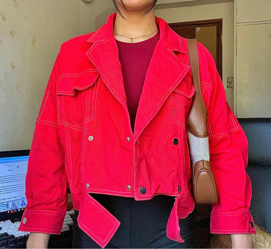 Red denim jacket white stitching clearance