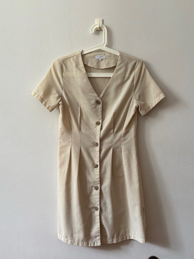 Zalora Button down beige dress Women s Fashion Dresses Sets Dresses on Carousell