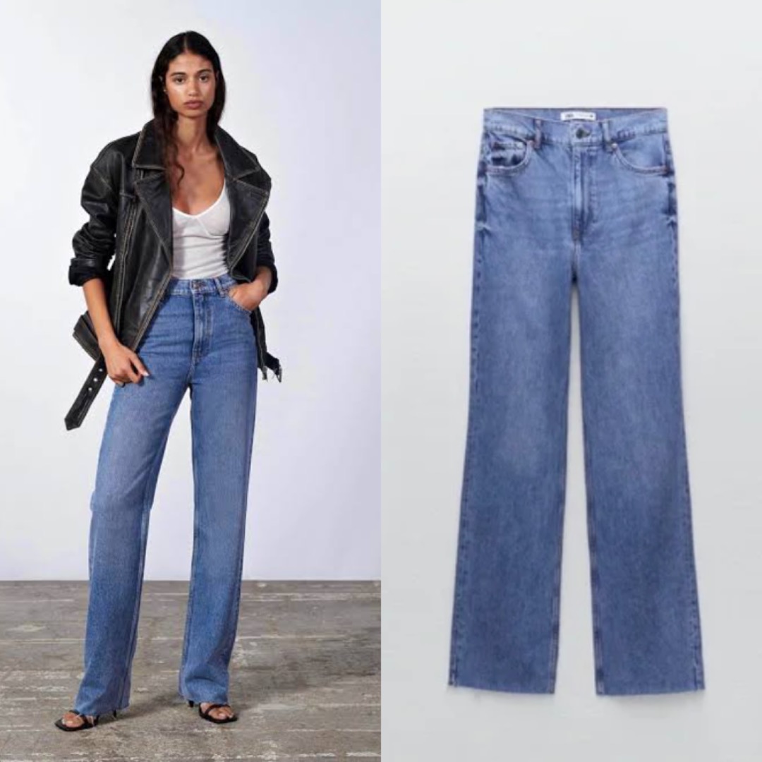 Zara The 90 s Full Length High Waist Wide Leg Straight Cut Raw Hem Blue Denim Jeans Women s Fashion Bottoms Jeans on Carousell