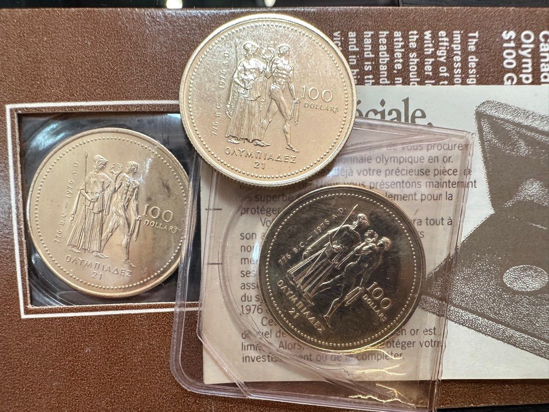 1976年加拿大蒙特利爾金幣共三枚CANADA $100 DOLLARS GOLD COIN, MONTREAL OLYMPICS 1976,  興趣及遊戲, 收藏品及紀念品, 錢幣- Carousell