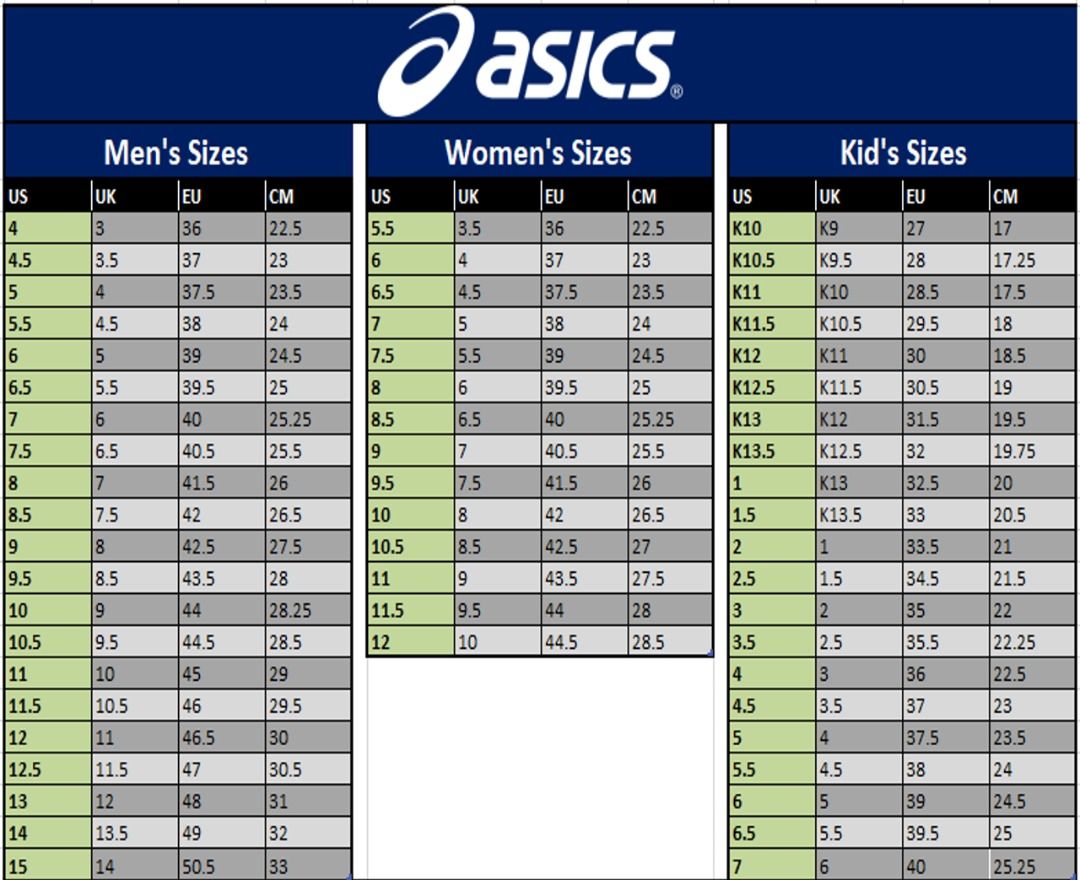Asics width chart discount
