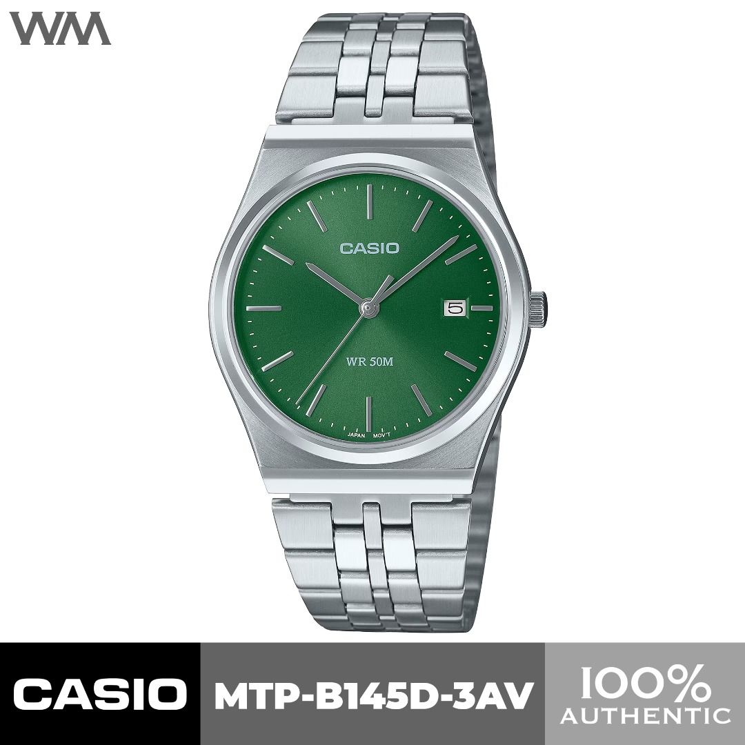 Casio Classic Green Dial Watch MTP-B145D-3AV (Category: Luxury Watches) located in San Juan City. Submitted by wilderness.voice (Listing ID 1298476360, Image 1). Description: Case size (L× W× H): 40 × 35 × 7.4 mm Weight: 82 g Case and bezel material: Stainless steel Band: Stainless Steel Band One-touch 3-fold Clasp Water resistance: 50-meter water resistance Glass: Mineral Glass Regular timekeeping: Analog: 3 hands (hour, minute, second) Date dis
