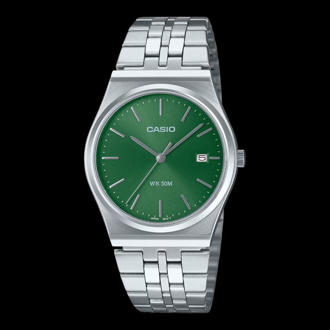 Casio Classic Green Dial Watch MTP-B145D-3AV (Category: Luxury Watches) located in San Juan City. Submitted by wilderness.voice (Listing ID 1298476360, Image 2). Description: Case size (L× W× H): 40 × 35 × 7.4 mm Weight: 82 g Case and bezel material: Stainless steel Band: Stainless Steel Band One-touch 3-fold Clasp Water resistance: 50-meter water resistance Glass: Mineral Glass Regular timekeeping: Analog: 3 hands (hour, minute, second) Date dis
