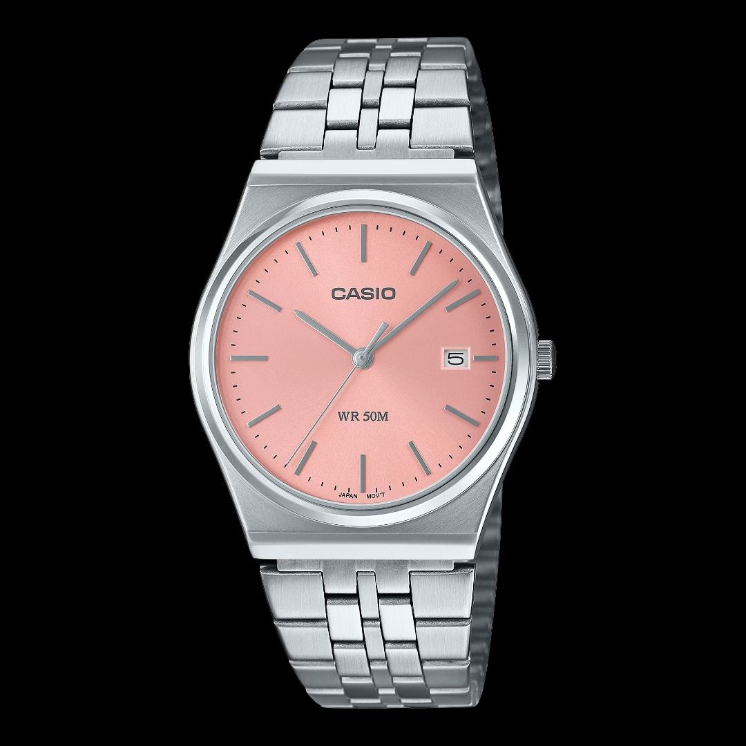 Casio Pink Dial Minimalist Watch MTP-B145D-4AV (Category: Luxury Watches) located in San Juan City. Submitted by wilderness.voice (Listing ID 1298476129, Image 2). Description: Case size (L× W× H): 40 × 35 × 7.4 mm Weight: 82 g Case and bezel material: Stainless steel Band: Stainless Steel Band One-touch 3-fold Clasp Water resistance: 50-meter water resistance Glass: Mineral Glass Regular timekeeping: Analog: 3 hands (hour, minute, second) Date d