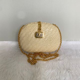 Courreges Vintage Ivory Gold Rattan Chained Clutch Bag
