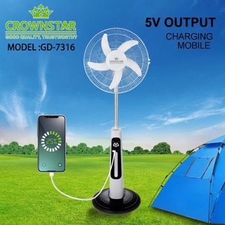 Crownstar GD-7316 16inch Rechargeable Stand Fan Solar Fan with Led Light and remote w/Solar Panel