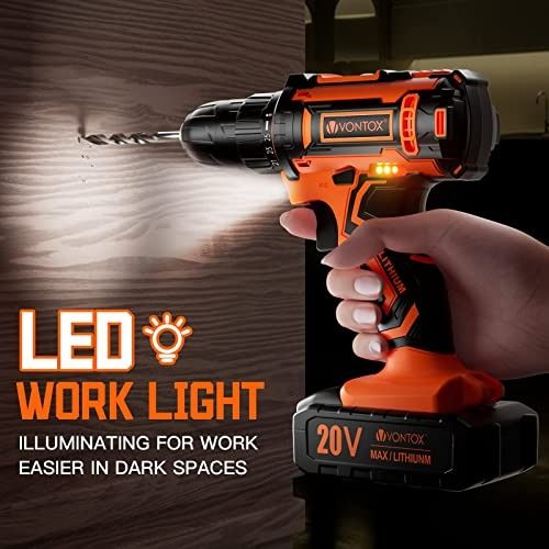Drill Set V VONTOX 20V Cordless Drill with 2 Lithium ion Batteries 2.0AH Fast Charger Home Power Drill 3 8 Keyless Chuck 370 In lb Torque 2