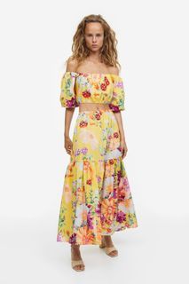 (L) H&M Limited Edition floral off shoulder crop top puff sleeve & patterned maxi skirt (M) hawaiian attire wedding event beach outfit