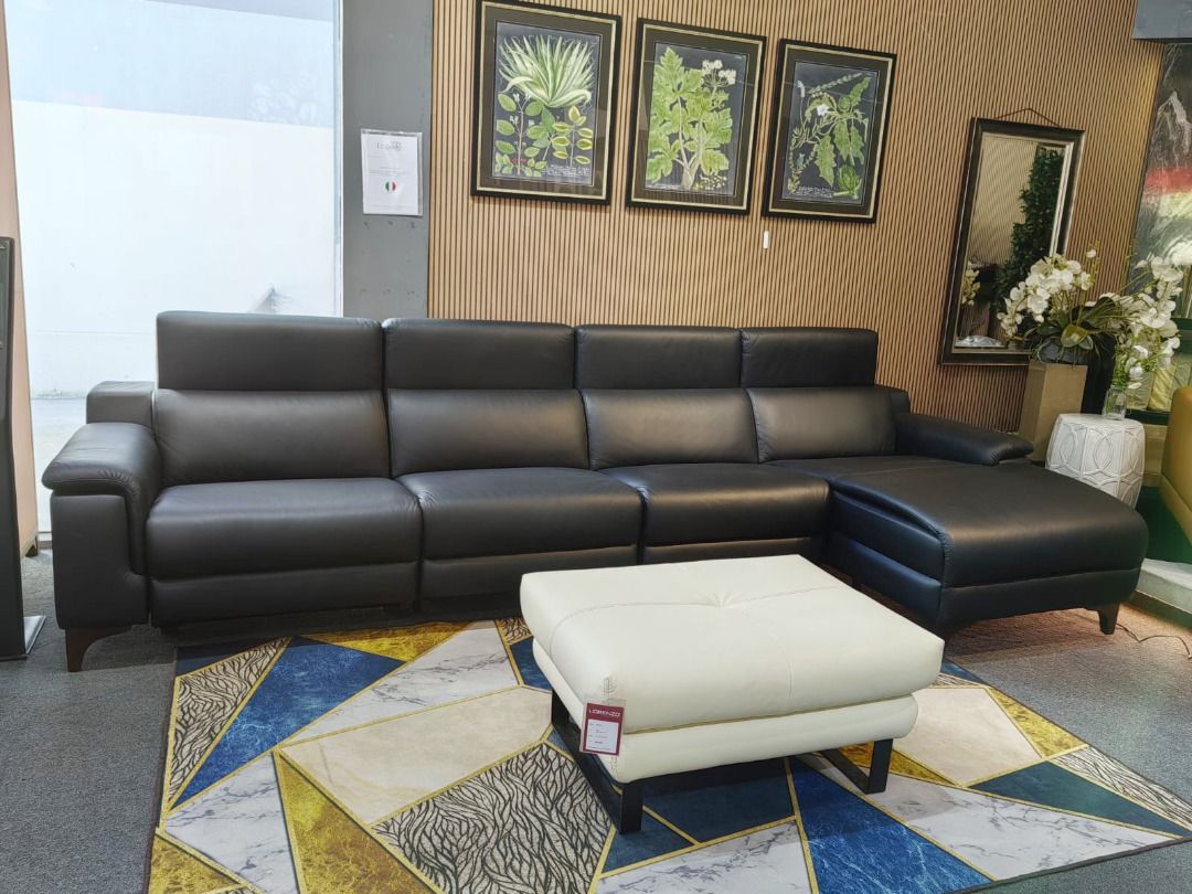PREORDER UP TO 25% + 5% OFF - 4 Seater L-shaped modular sofa with recliner (Category: Sofas) located in Singapore. Submitted by lorenzo.sg (Listing ID 1298505532, Image 2). Description: Model: Dante 5932L 4-Seater L-shaped sofa with one recliner seat Dimensions: L3530 x W980/1560 x H750/945(+/- mm) Upholstery: Full leather Colour: Black Frame: Solid Wood Frame Leg: Wood Seat Fill: High Resilience Foam Suspension: S-Spring, rubber webbing .