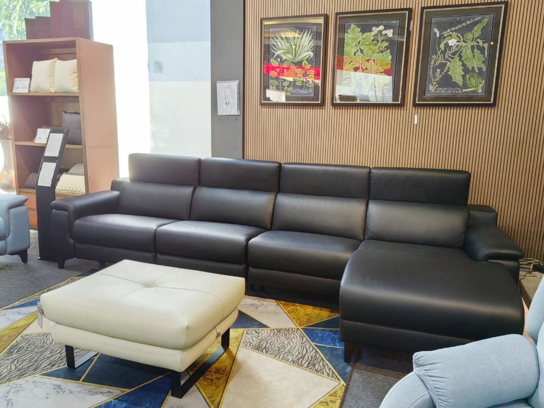 PREORDER UP TO 25% + 5% OFF - 4 Seater L-shaped modular sofa with recliner (Category: Sofas) located in Singapore. Submitted by lorenzo.sg (Listing ID 1298505532, Image 3). Description: Model: Dante 5932L 4-Seater L-shaped sofa with one recliner seat Dimensions: L3530 x W980/1560 x H750/945(+/- mm) Upholstery: Full leather Colour: Black Frame: Solid Wood Frame Leg: Wood Seat Fill: High Resilience Foam Suspension: S-Spring, rubber webbing .