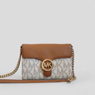 Michael Kors Tan Brown White Small Wallet on Chain