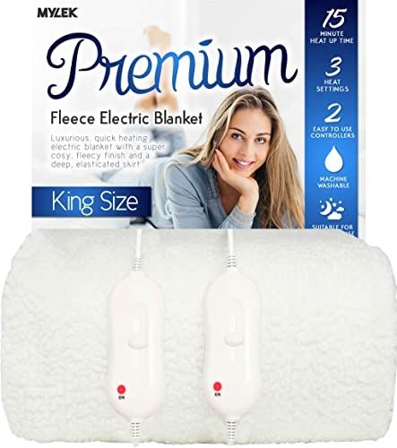 MYLEK Electric Blanket King Size Bed Fleece Fitted Heated Mattress Cover Underblanket Dual Control Elasticated Skirt Size 190 x 152 x 40cm Overheat Protection Machine Washable All Night Use 18909 Furn...