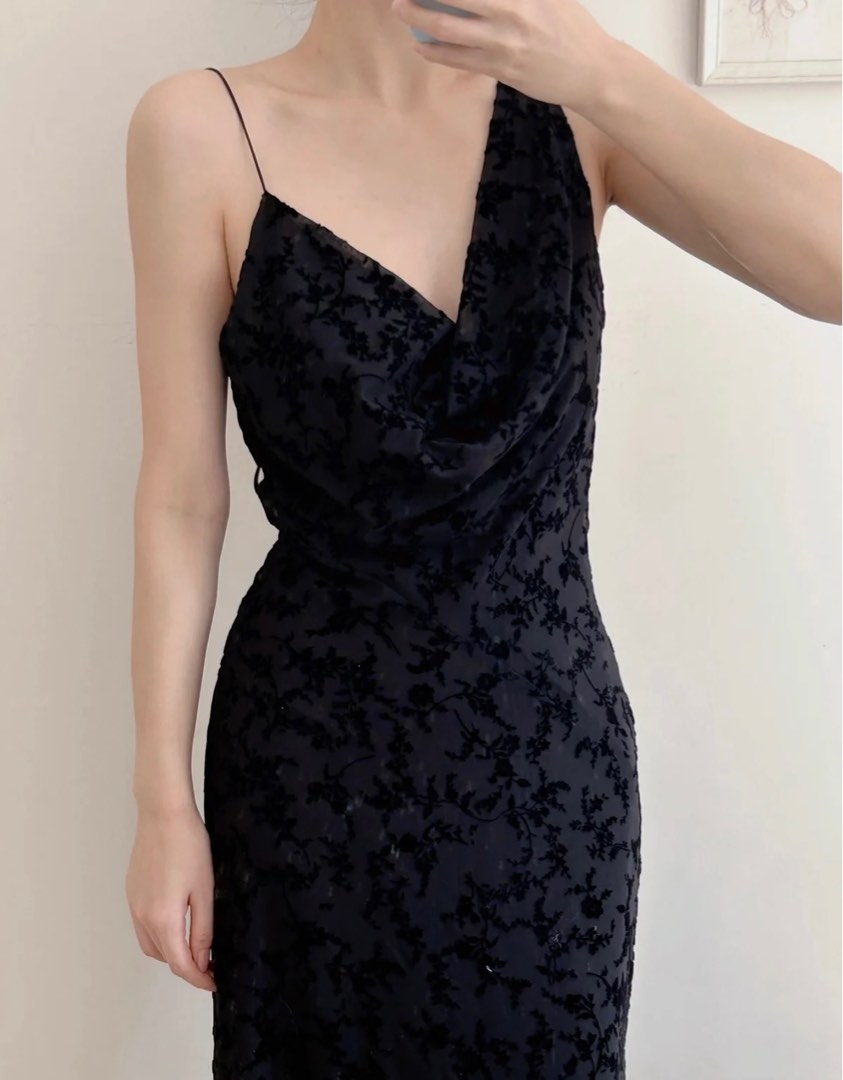New!!! Zara black sexy draped flocked backless long dinner dress, Women's  Fashion, Dresses & Sets, Dresses on Carousell