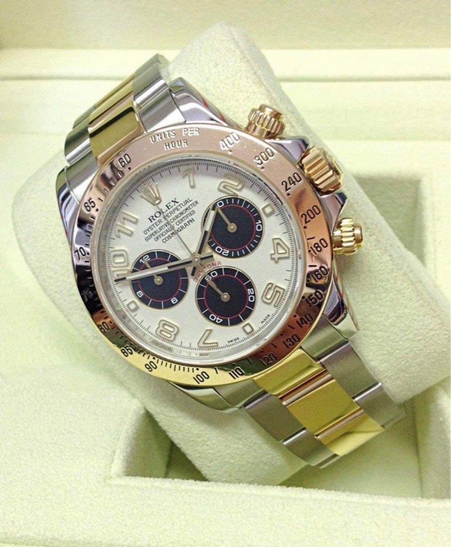 ROLEX 2014 Daytona RACING DIAL Two toned (Category: Luxury Watches) located in Pasig City. Submitted by Watchaholics (Listing ID 1298467874, Image 1). Description: ROLEX 2014 Daytona RACING DIAL Two toned Ref 116523 Year model 2014 9.5/10 condition Watch and box only (lost card) Open for authentication For 1.070M You may DM or contact @ 09615077138 .