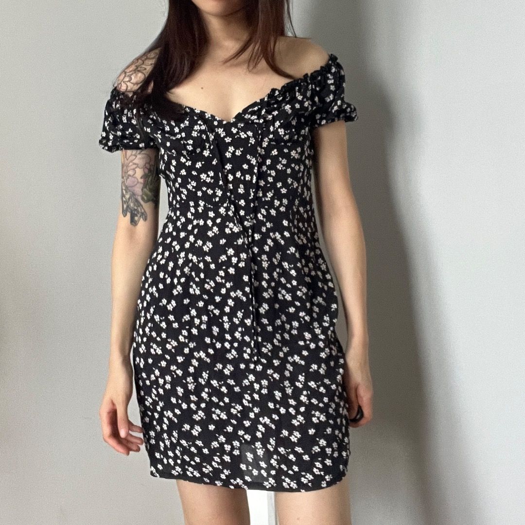 Shein Milkmaid Off Shoulder Black Floral Mini Dress, Women's Fashion,  Dresses & Sets, Dresses on Carousell