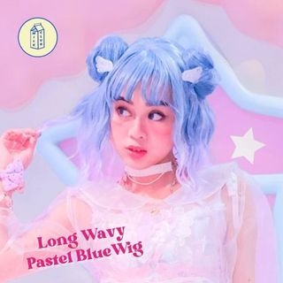 Short Wavy Pastel Light Blue Aqua Wig with Detachable Buns | Girl Cosplay Party Show Synthetic Wig | Erio Yoshino Anime