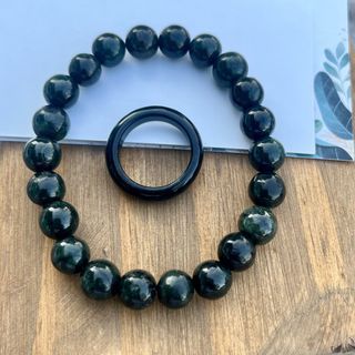 Black Jadeite Beaded Bracelet 8mm size+ Ring Set