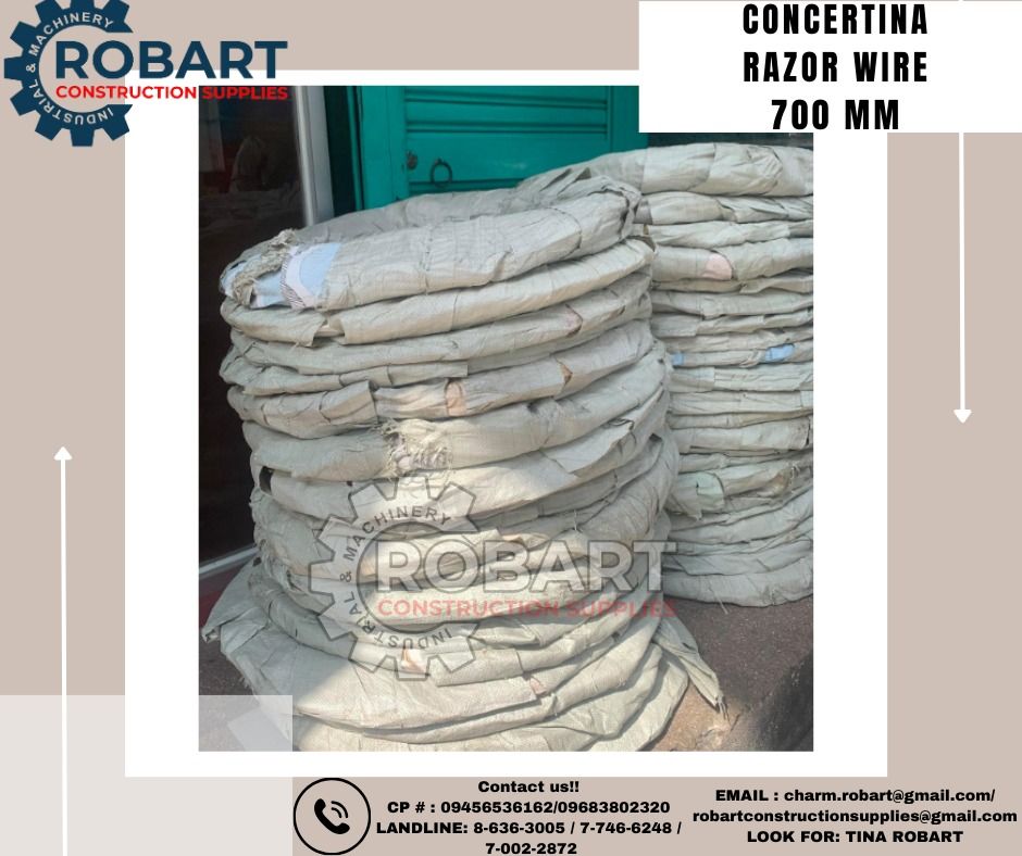 Concertina Razor Wire 700mm (Category: Construction & Building Materials) located in Manila. Submitted by tina.sales (Listing ID 1298712280, Image 1). Description: Concertina Razor Wire 700mm ₱1,680 SEND US MESSAGE FOR INQUIRIES ‼️‼️ ~~TINA ROBART~~ 0 9 4 5 6 5 3 6 1 6 2 0 9 6 8 3 8 0 2 3 2 0 LANDLINE: 8 6 3 6 3 0 0 5 / 7 7 4 6 6 2 4 8 / 7 0 0 2 2 8 7 2 EMAIL : c h a r m.r o b ar t @ g m a i l.c o m r o b a r t c o n s t r u c t i o n s u p p l i