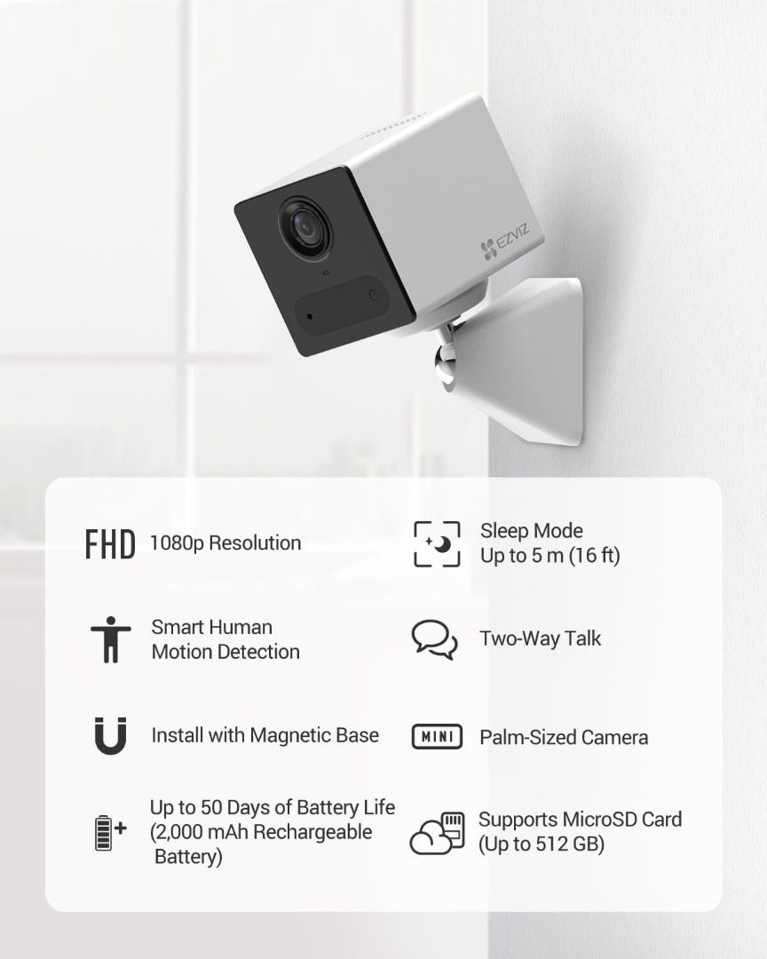 🌟全新行貨🌟Ezviz - 螢石CB2 1080p Wi-Fi Smart Home Battery Camera  紅外夜視雙向談話支援MicroSD卡智能全無線家居電池攝像機新加坡伺服器, 電腦＆科技, 電腦周邊及配件, 網絡攝影機-