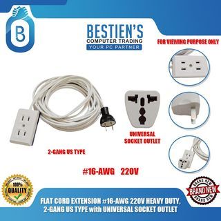 FLAT CORD EXTENSION #16-AWG 220V HEAVY DUTY, 2-GANG US TYPE with UNIVERSAL SOCKET OUTLET