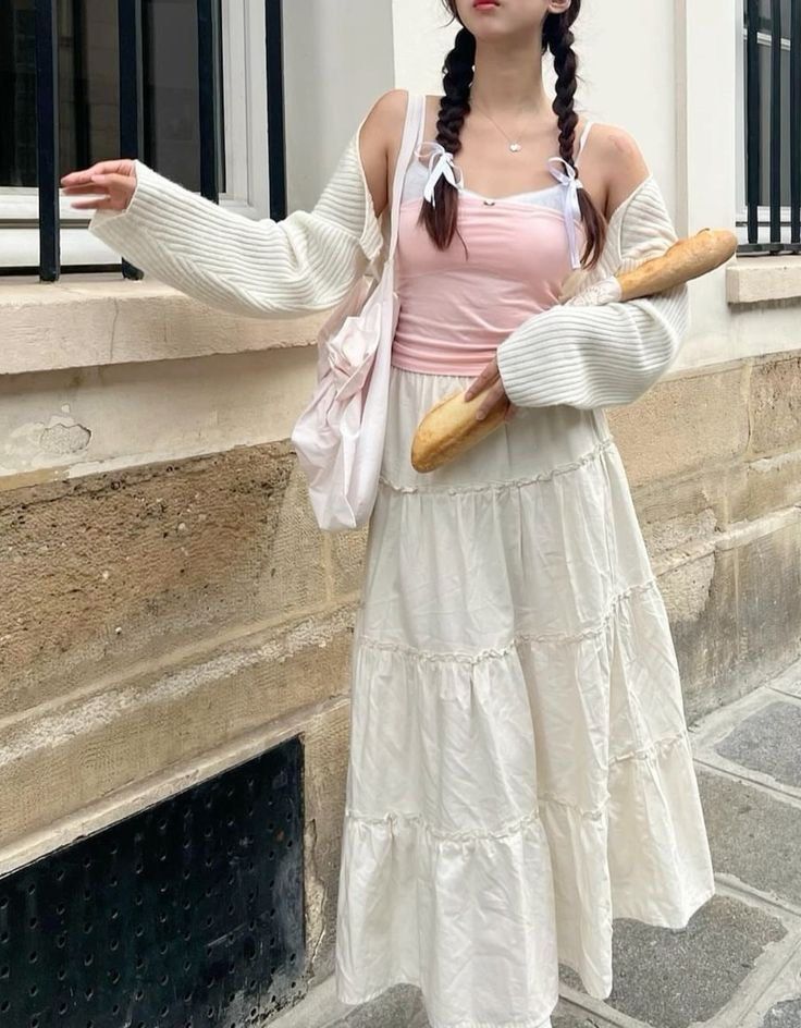 INSTOCK brandy melville white izzy skirt tiered flowy prairie long maxi layered viral trendy tiktok pinterest aesthetic y2k cottagecore fairycore ulzzang princess cute coquette soft girl look korean f...