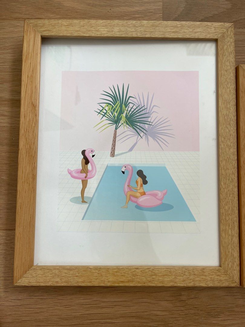 KOVAN PICK UP 2 x society 6 printed flamingo pool quicky illustration with natural oak frame ikea castlery painting wall decor artwork kitsch Furniture Home Living Home Decor Wall Decor on Carousell