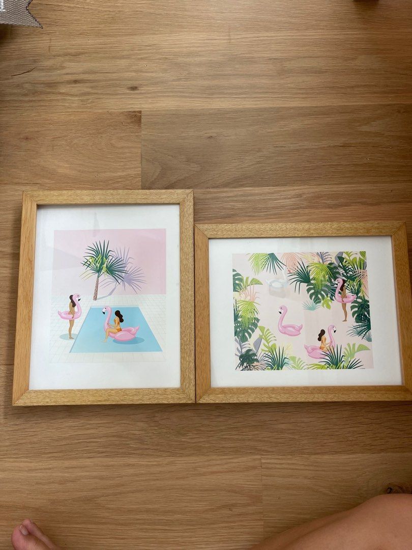 KOVAN PICK UP 2 x society 6 printed flamingo pool quicky illustration with natural oak frame ikea castlery painting wall decor artwork kitsch Furniture Home Living Home Decor Wall Decor on Carousell
