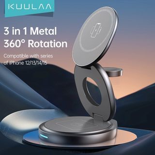 Kuulaa Foldable Magnetic 3 in 1 15W Wireless Charger for iPhone AirPods 3/2/Pro,Apple Watches 360° Rotation Zinc Alloy Stand Easy to Carry for iPhone 15 14 13 12 Android Phone
