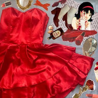 mima kirigoe bloody red satin semi gown sleeveless mini dress cosplay dress with petticoat.