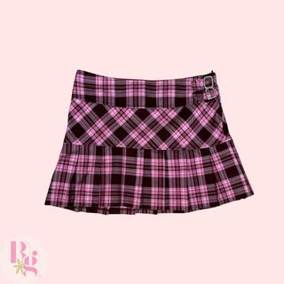 NO BOUNDARIES Vintage Brown Pink Y2k Grunge 2000s Buckle Plaid Mini Skirt