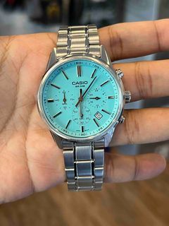 ORIGINAL CASIO Analog Chronograph Tiffany Blue Dial Stainless Steel Men's Watch MTP-E515D-2A2