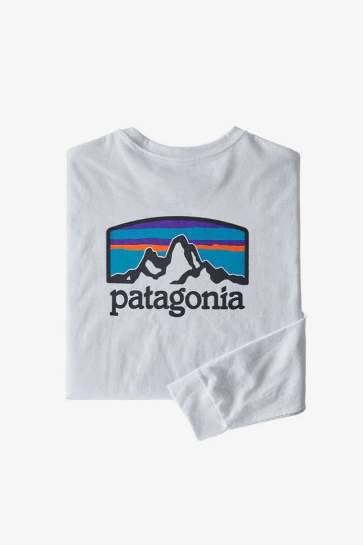 Patagonia L/S Fitz Roy Horizons Responsibili Tee T-shirt long sleeve top  hill small logo grey white 長袖打底衫印花上衣灰白色衛, 男裝, 上身及套裝, T-shirt、恤衫、有領衫