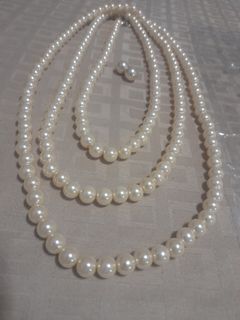 Long / 3 Layer Pearl Necklace and Earrings Set